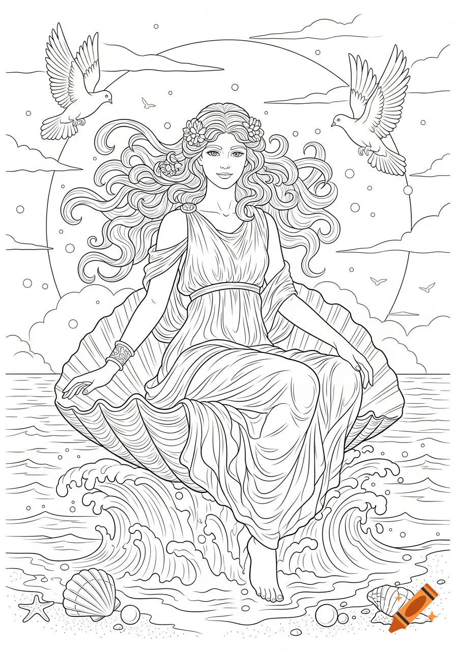 Line art coloring page of Aphrodite with long hair, seated in a seashell on ocean waves, with doves flying.