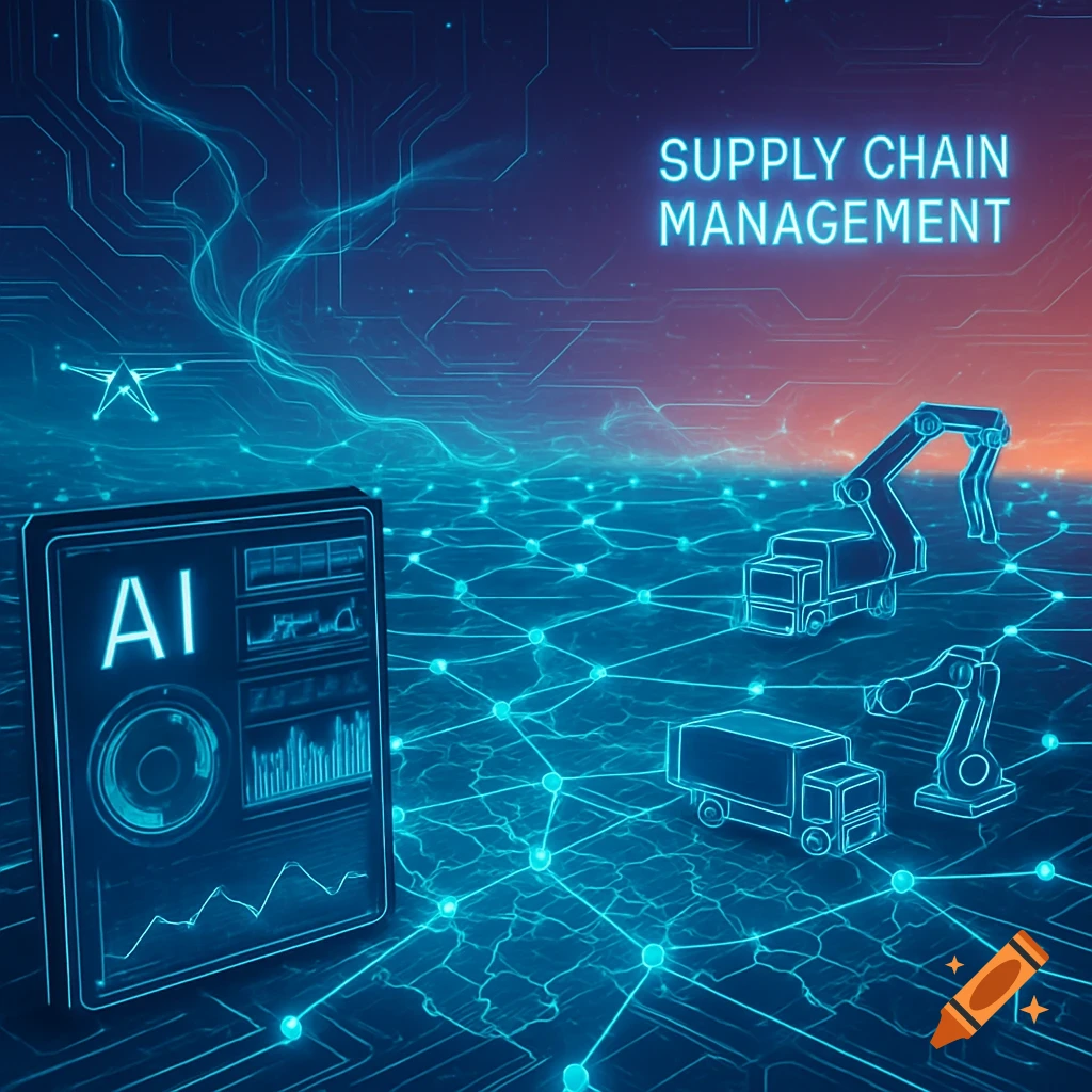 Futuristic digital scene depicting AI in supply chain management with glowing network, trucks, robotic arms, and an 'AI' interface.