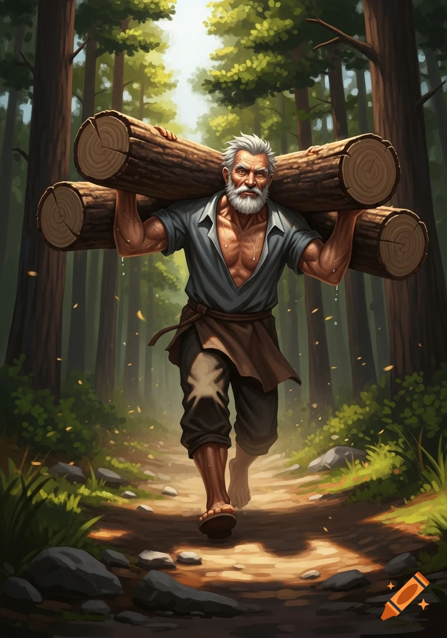 A strong, older man with a white beard runs down a forest path, carrying two large logs on his shoulders in a stylized illustration.