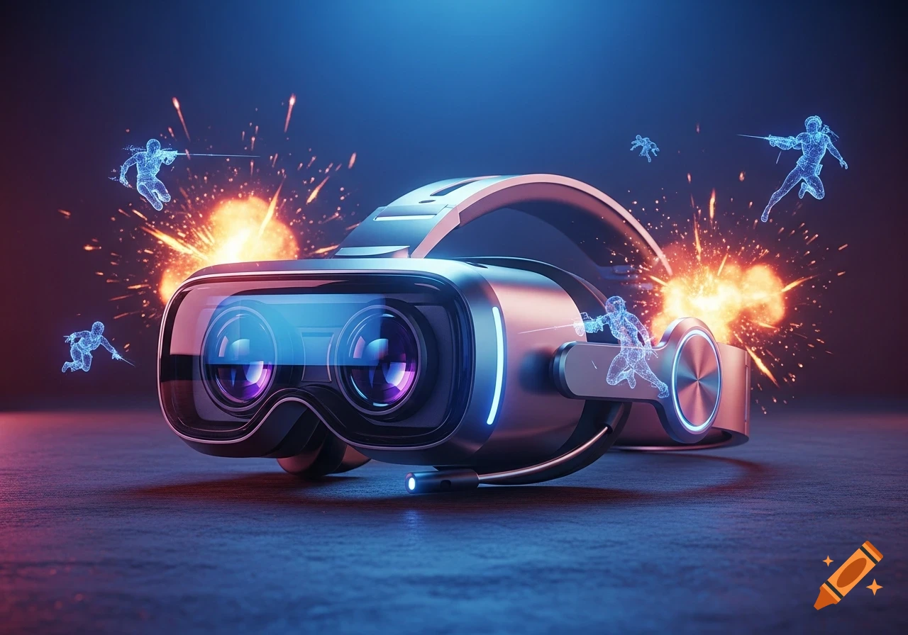 A futuristic VR headset surrounded by holographic fencing figures and fiery explosions against a dark blue background.