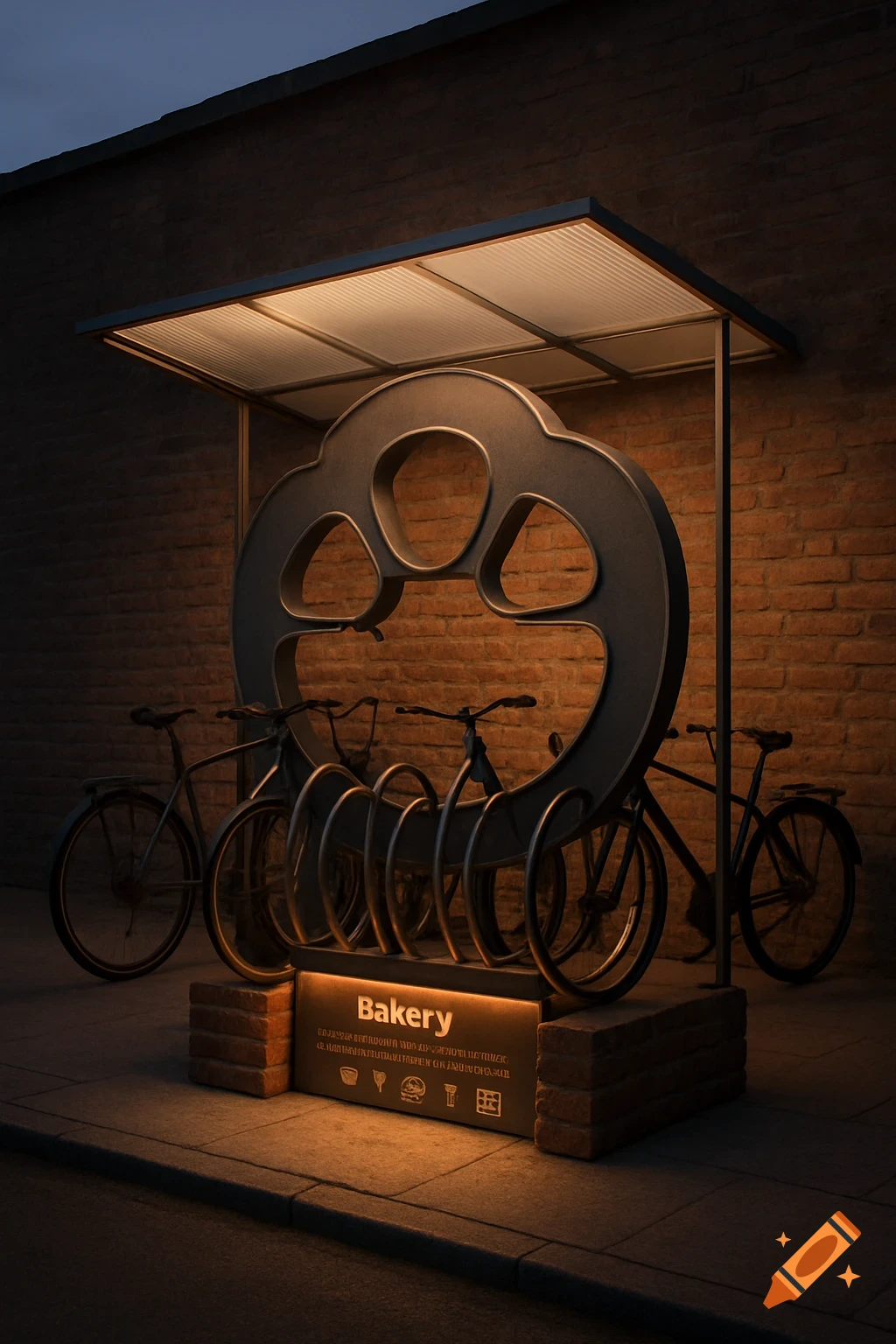 A stylized, dark gray bike stand shaped like a bread circle is illuminated under a canopy against a brick wall at night, with bicycles parked.