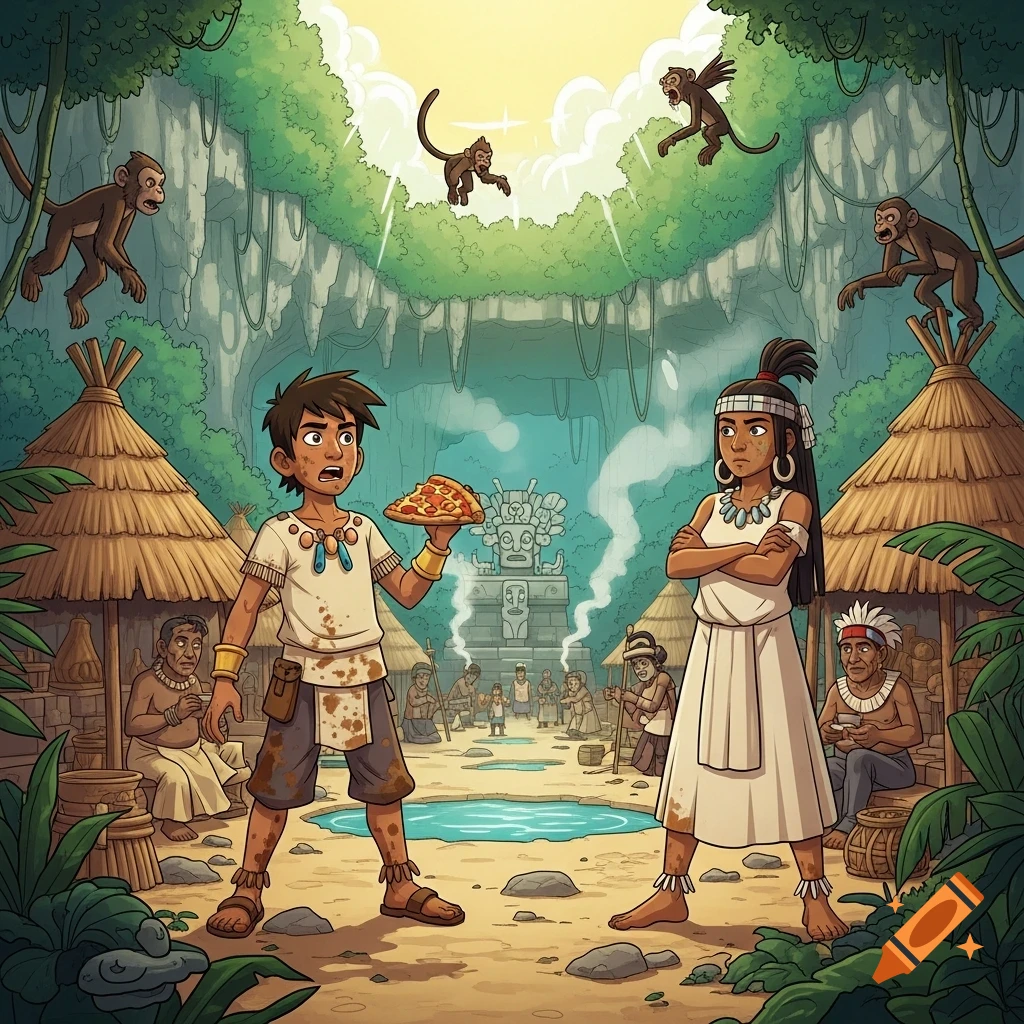 Cartoon illustration of a boy holding a pizza arguing with a girl in an ancient jungle village with huts, a temple, and monkeys.