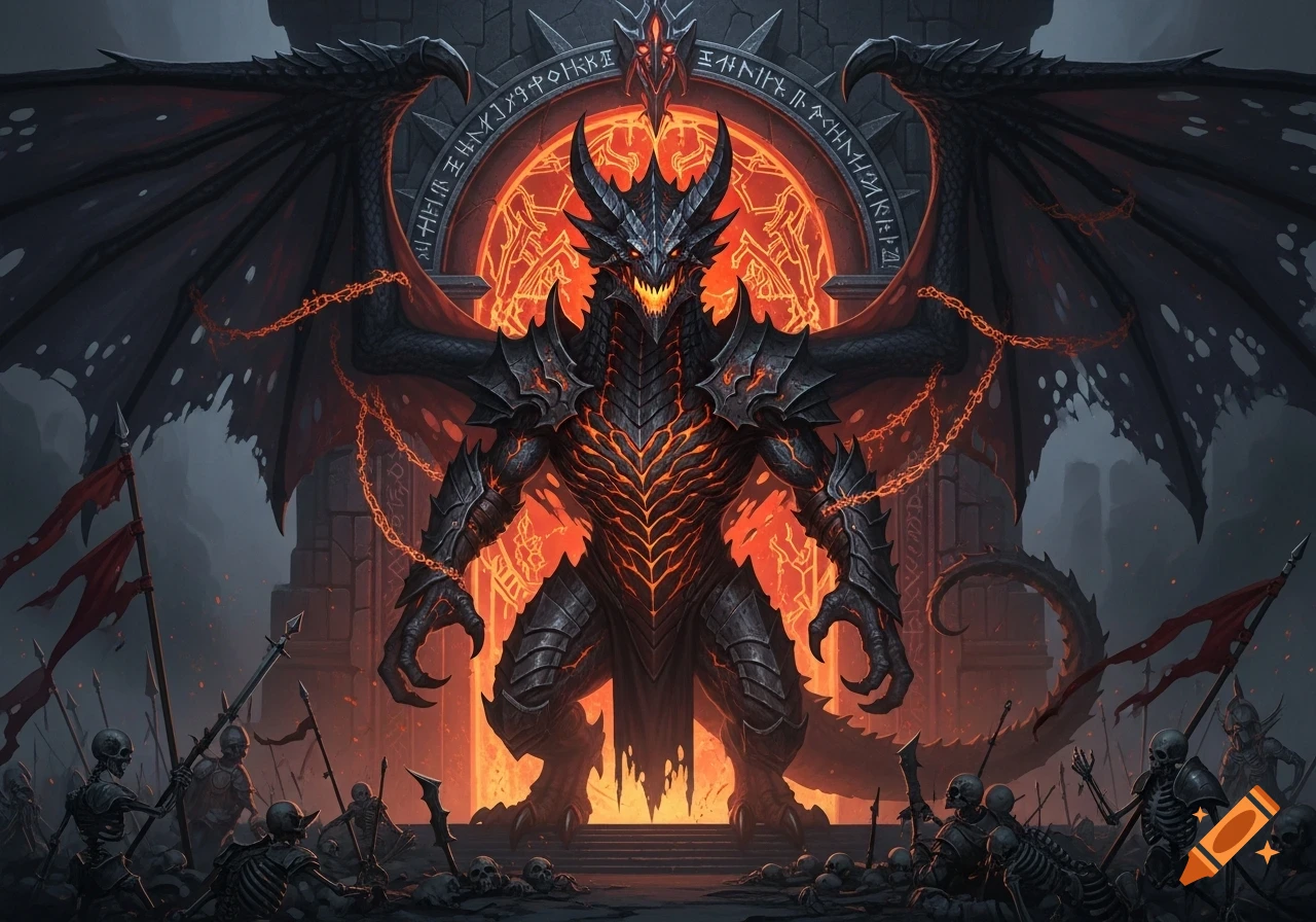 A colossal black dragon with glowing orange veins stands before an ...