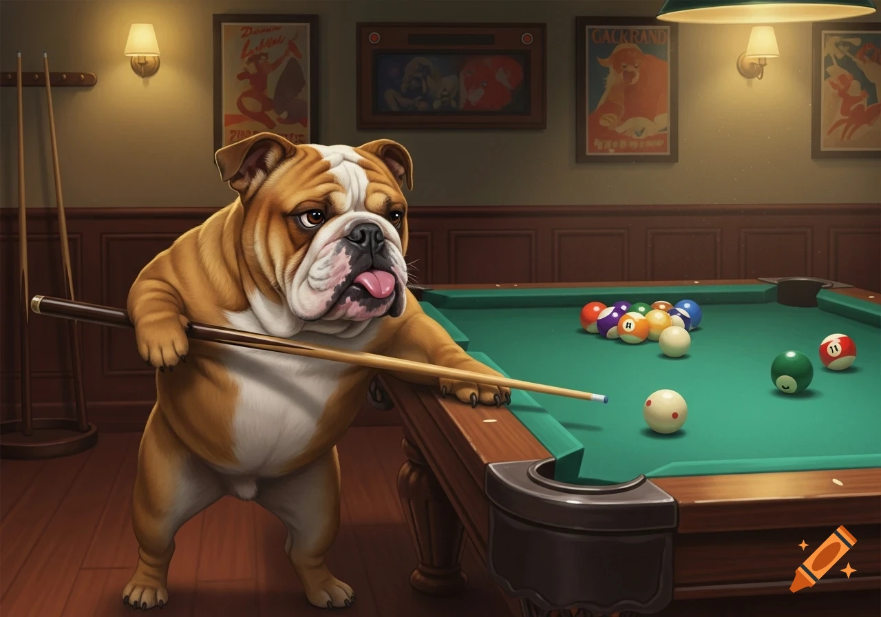 A determined bulldog in a billiard room leans over a green pool table, holding a cue stick, ready to take a shot.