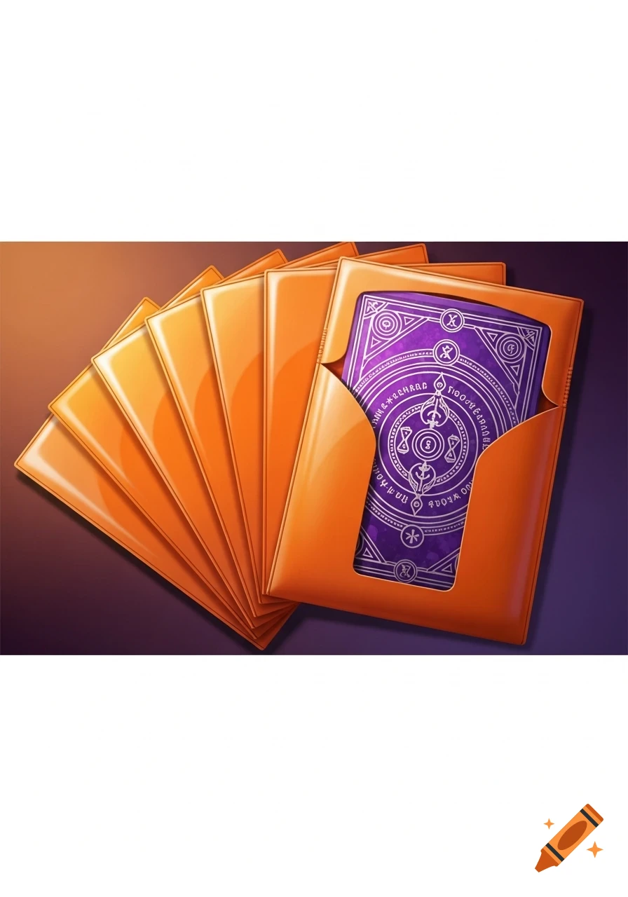 A stack of orange trading card sleeves with a detailed purple card partially inserted into the front sleeve.