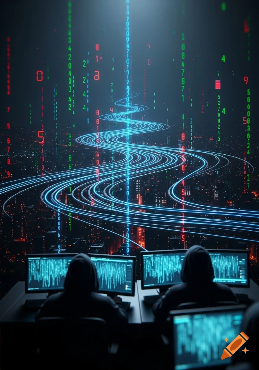 Digital art showing figures in hoodies working at computers, with glowing blue data streams flowing above a cityscape and green and red numbers falling like code.