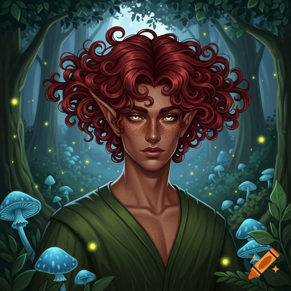 Digital painting of a handsome fae male with curly red hair, bronze skin, and pointed ears, in an enchanted forest with glowing mushrooms.