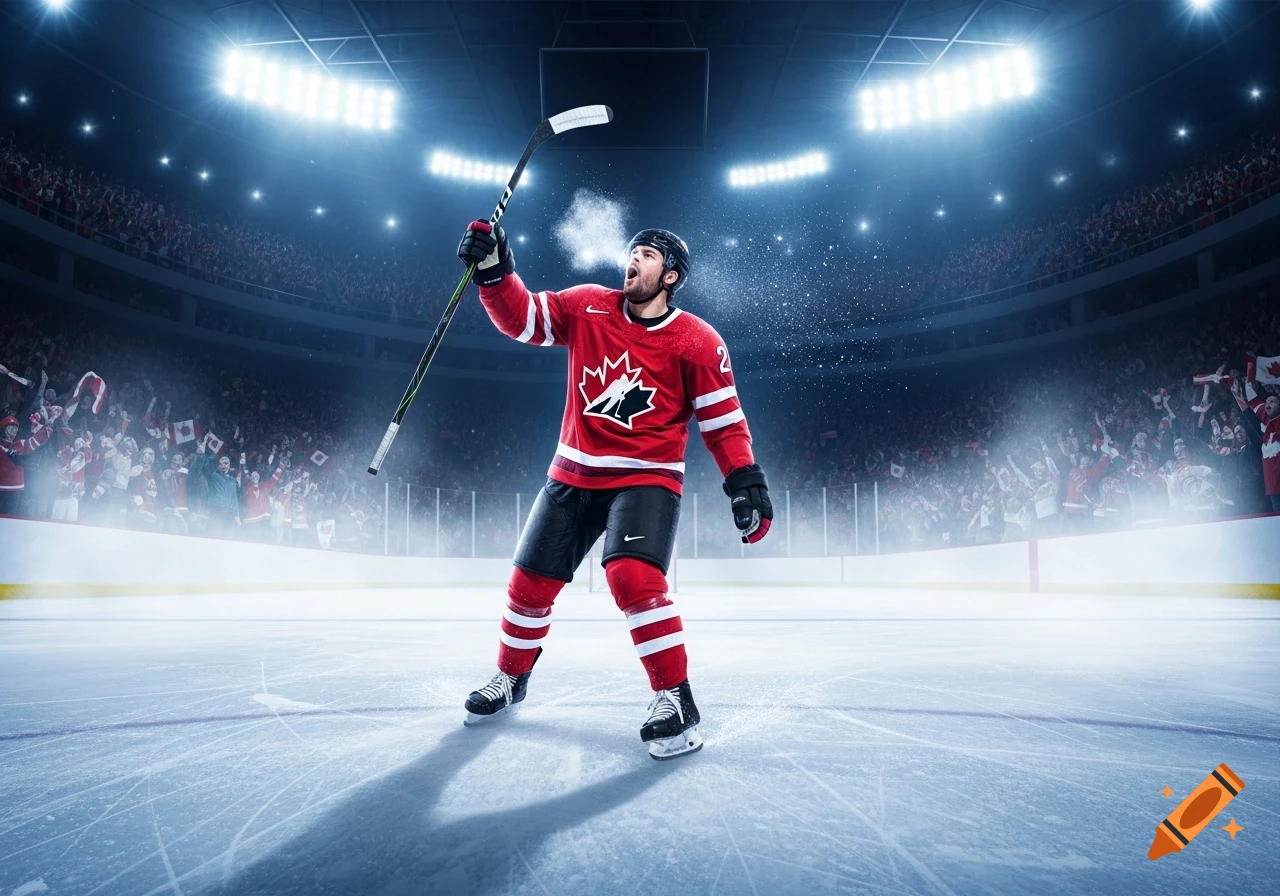 A Canadian hockey player in a red jersey celebrates on an ice rink, holding his stick high while breath vapor exits his mouth, in a brightly lit arena with a cheering crowd.