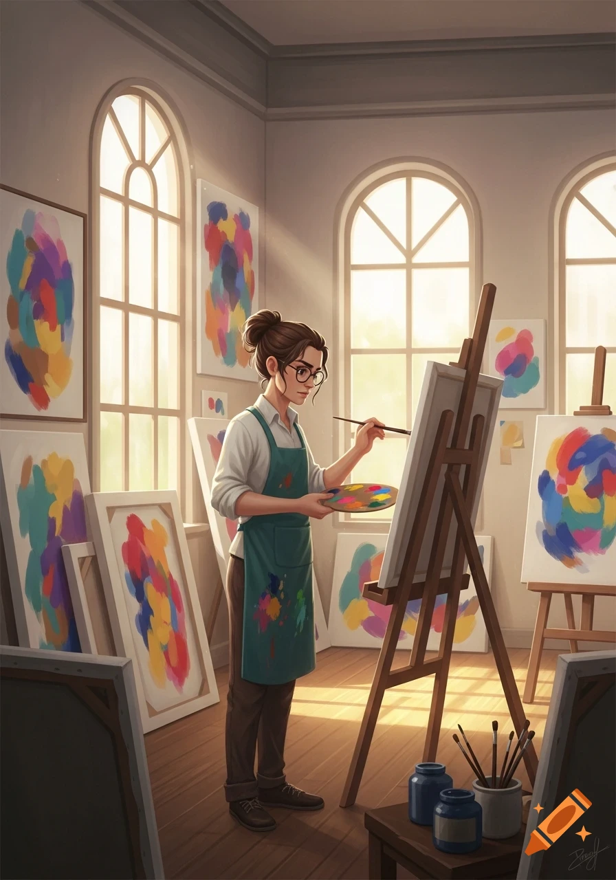 A woman artist wearing glasses and an apron paints on an easel in a sunlit studio filled with colorful abstract artworks.