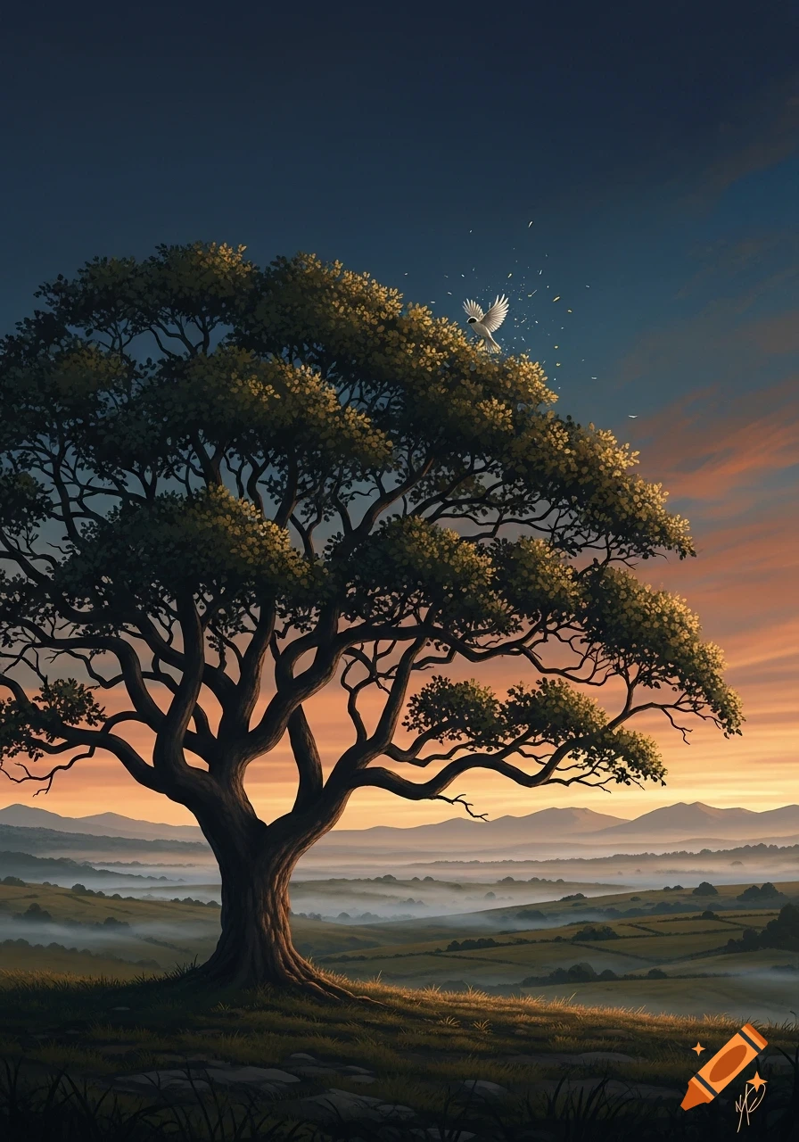 A majestic tree stands on a hill overlooking a misty valley at sunset ...