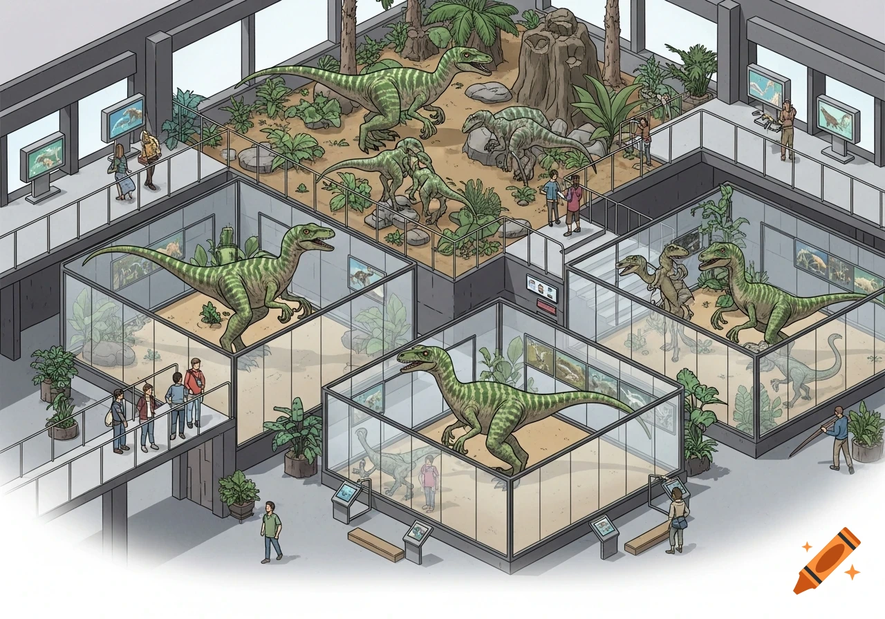 Isometric art depicting a modern dinosaur museum exhibit with multiple raptor displays and visitors.