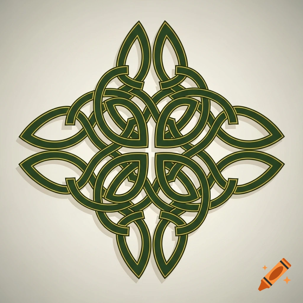 Dark green and gold Celtic knot design with intricate weaving on a light background, featuring symmetrical loops.