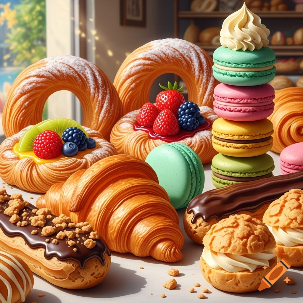 A vibrant collection of photorealistic pastries including croissants, fruit tarts, colorful macarons, eclairs, and cream puffs.