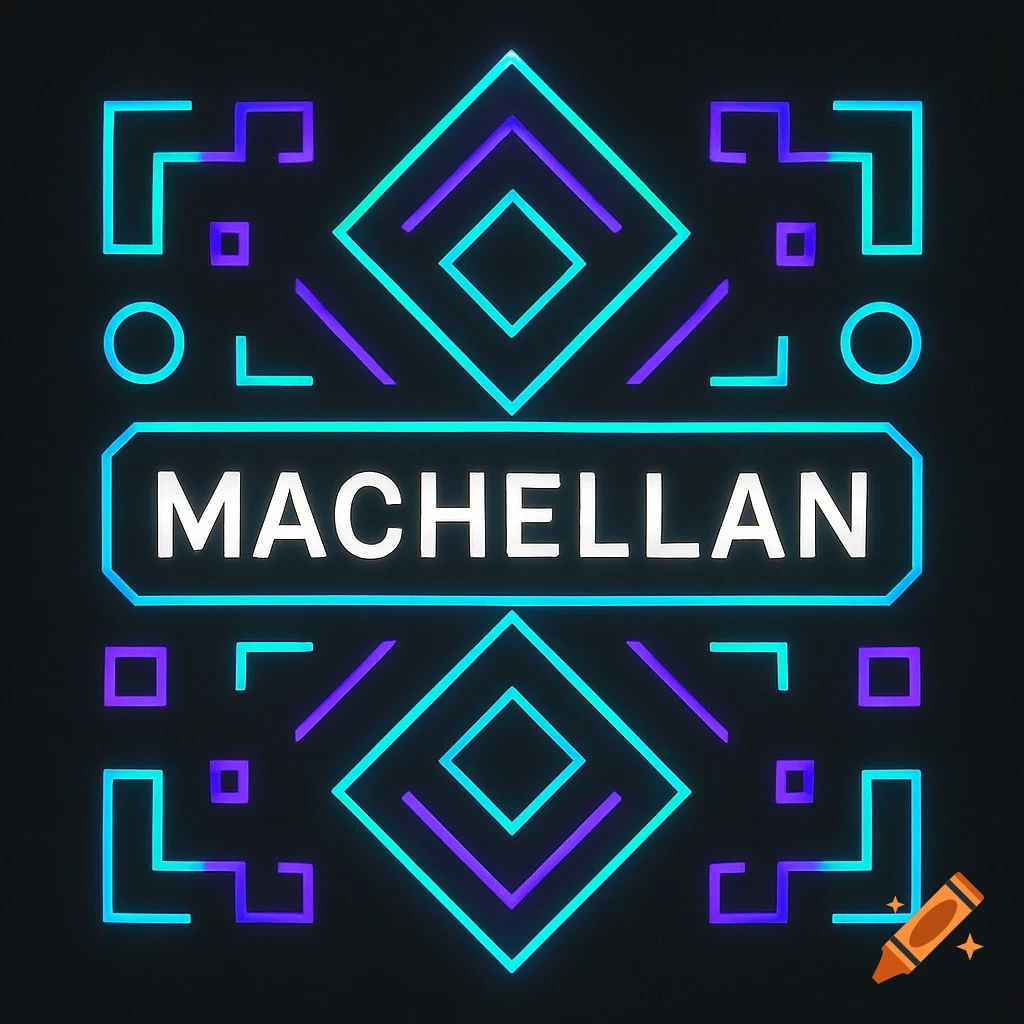 Neon electric blue and violet glowing geometric abstract design with the name 'MACHELLAN' on a dark background.