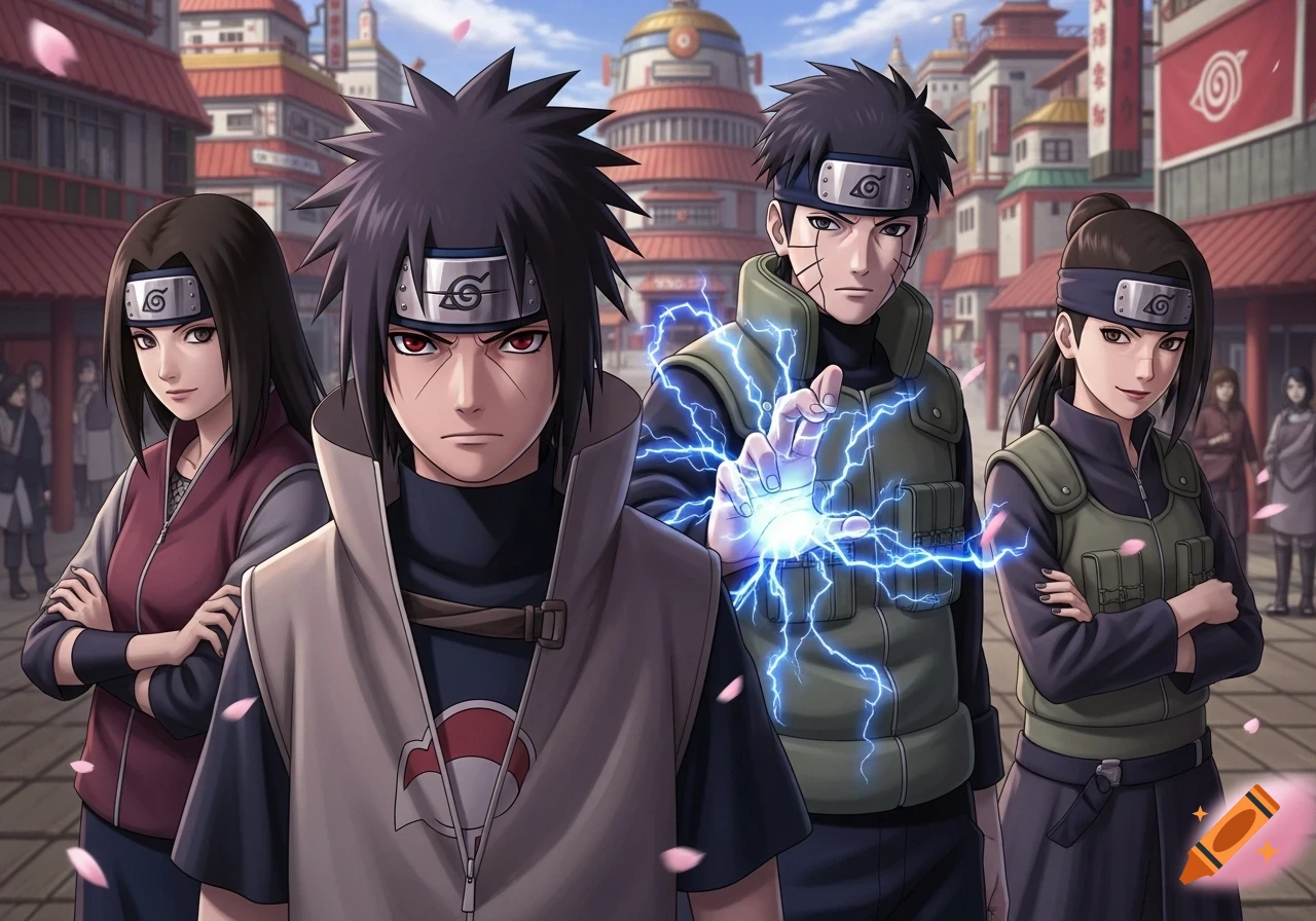 Four anime ninja-like characters, two males and two females, stand in a vibrant village with red-roofed buildings; one male emanates blue lightning.