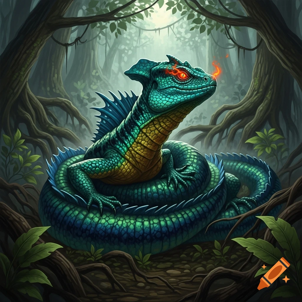 A vibrant green and blue basilisk with glowing red eyes and fiery breath coiled amidst roots and foliage in a dense jungle.