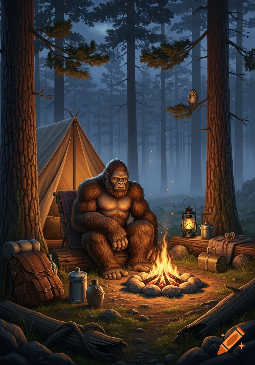 A stylized illustration of Bigfoot sitting by a campfire outside a tent in a dark forest with an owl perched on a tree.