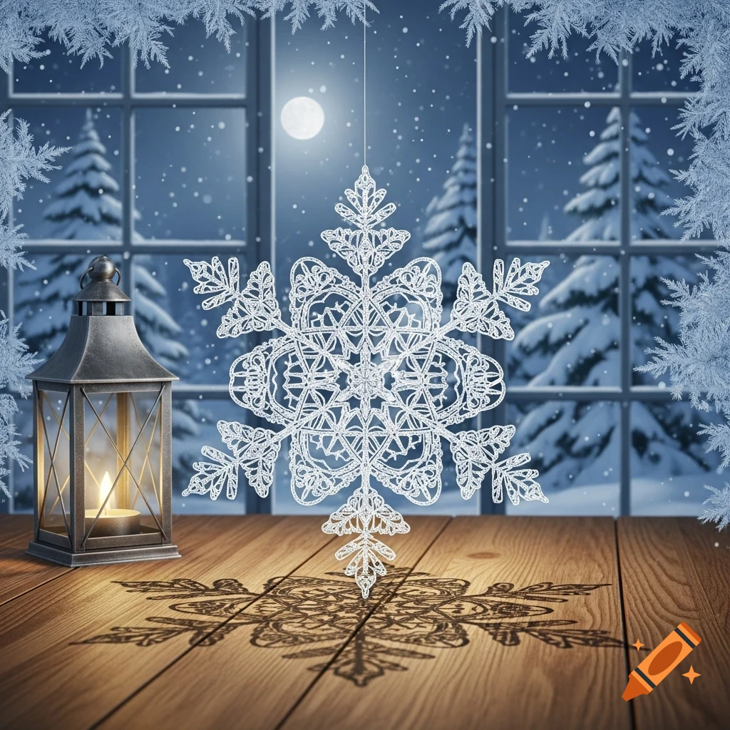 A sparkling snowflake ornament and a glowing lantern on a wooden table, set against a snowy winter window at night.