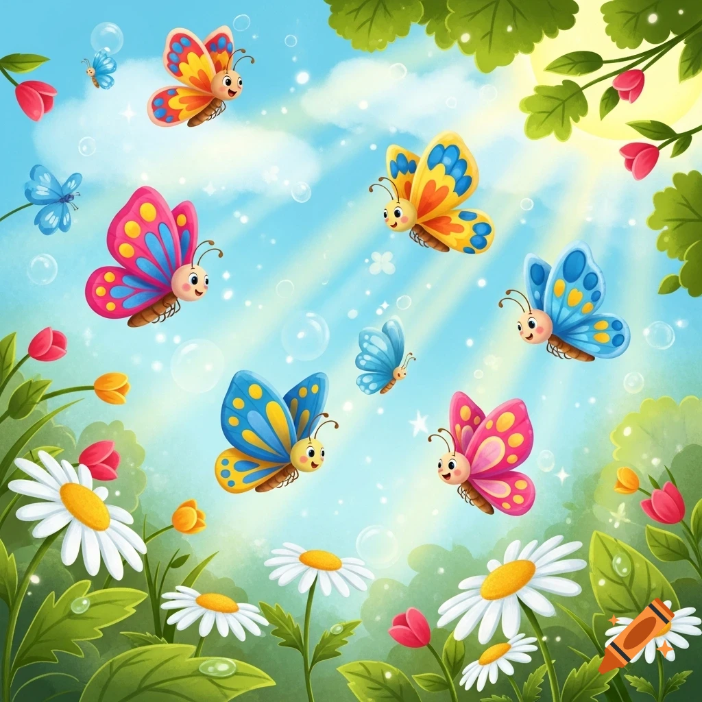 Colorful cartoon butterflies with smiling faces fly amidst daisies, tulips, and green leaves under a sunny blue sky.