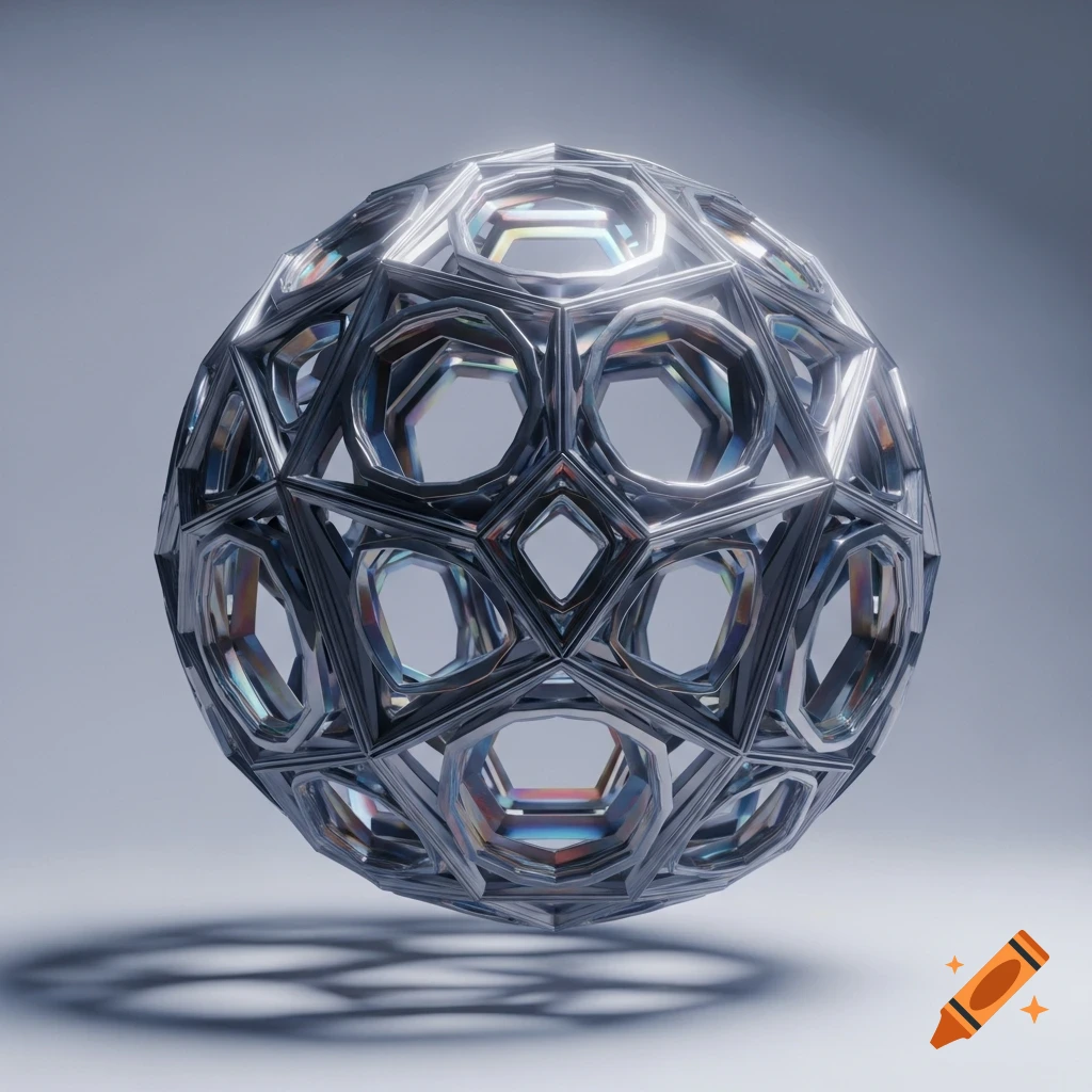 A shimmering metallic geometric sphere, made of interlocking hexagonal and square facets, casting a shadow on a light gray surface.