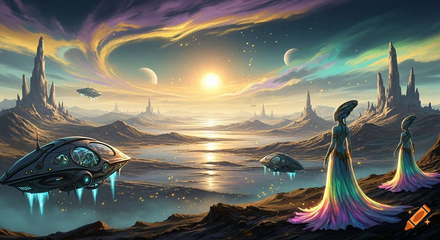 Vibrant alien landscape with towering rock formations, a glowing sun ...