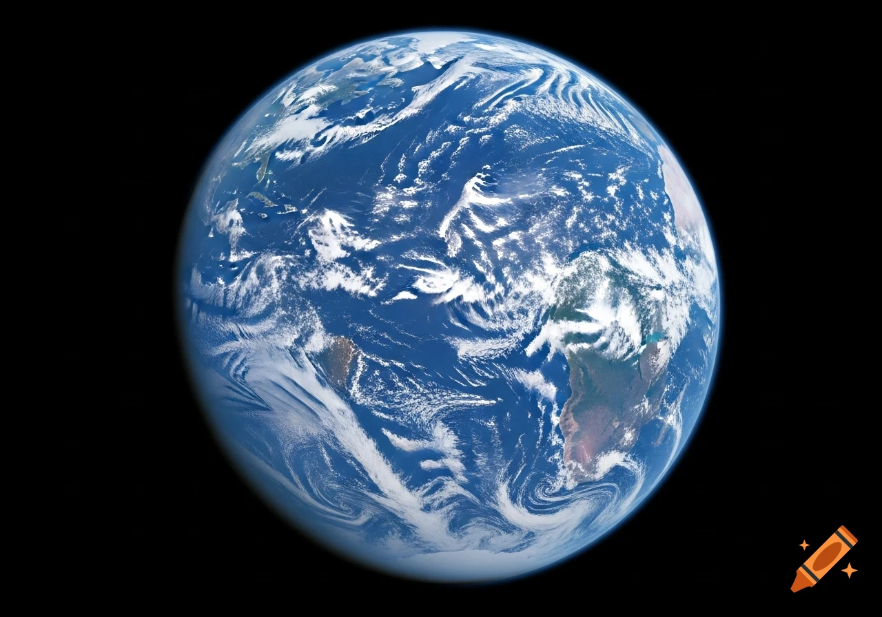 Detailed, realistic view of Earth from space, showing blue oceans and white swirling clouds against a black background.
