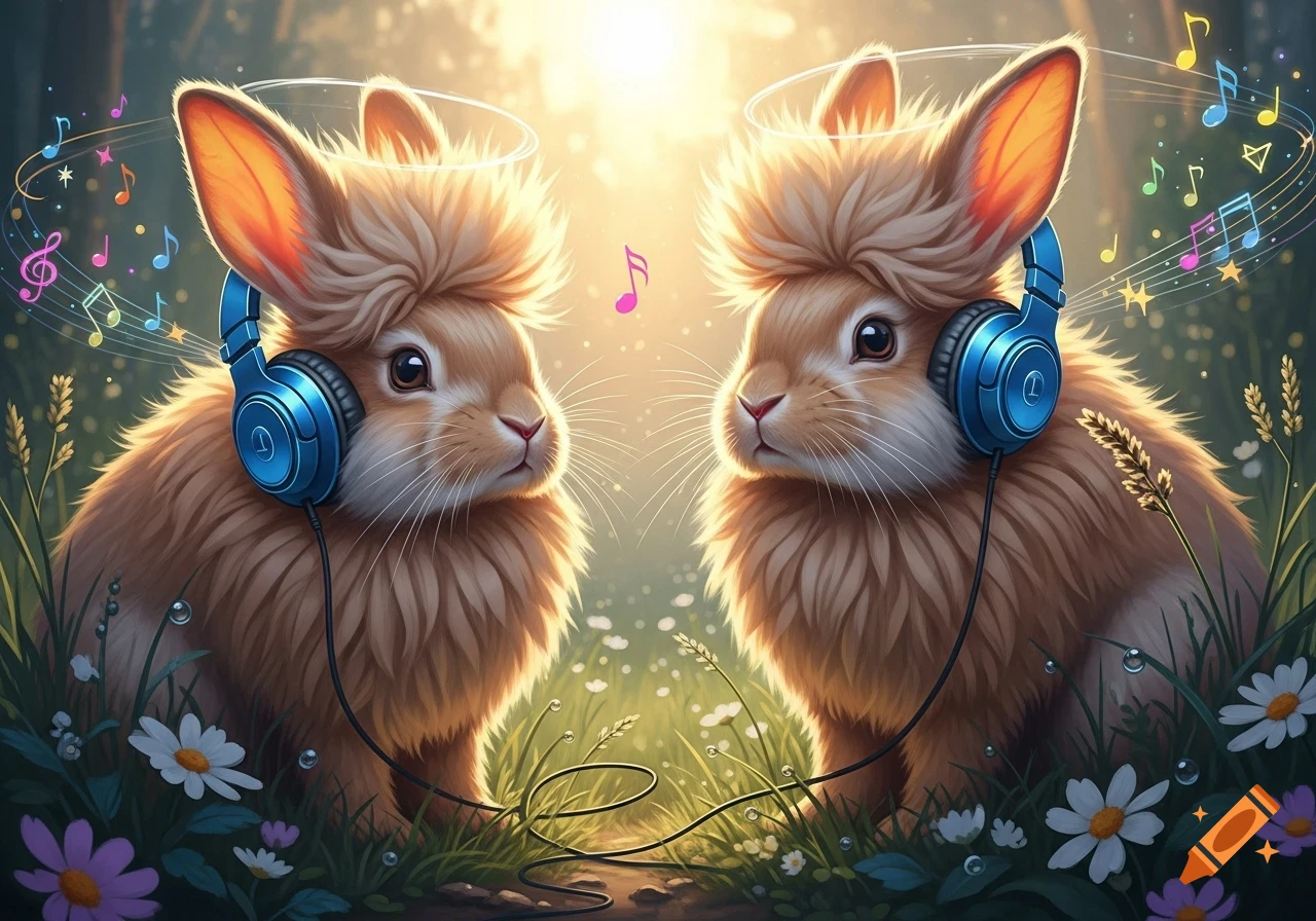 Two fluffy tan lionhead bunnies wear blue headphones, surrounded by glowing musical notes and flowers in a sunlit, dreamy field.