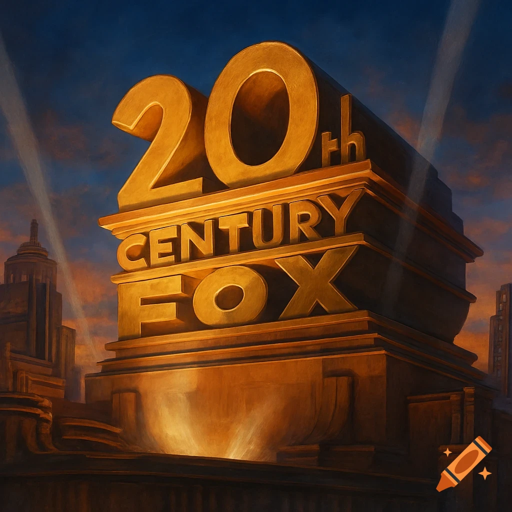 Golden 20th Century Fox logo with searchlights and city silhouettes against a dramatic sky, painterly style.