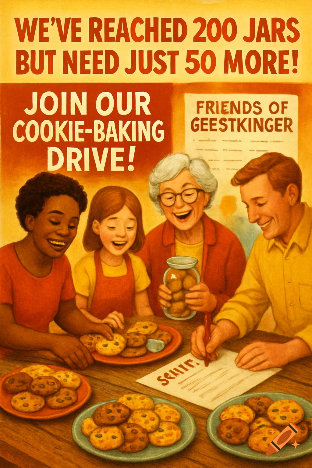 A vibrant poster shows a group of diverse people laughing while baking and packing cookies, with text indicating a cookie-baking drive to reach 250 jars.