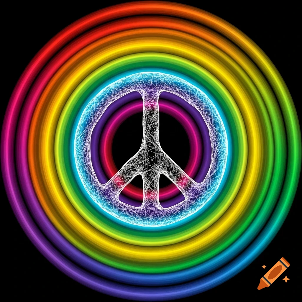 A glowing wireframe peace symbol centered on a black background with concentric rainbow color rings emanating outwards.