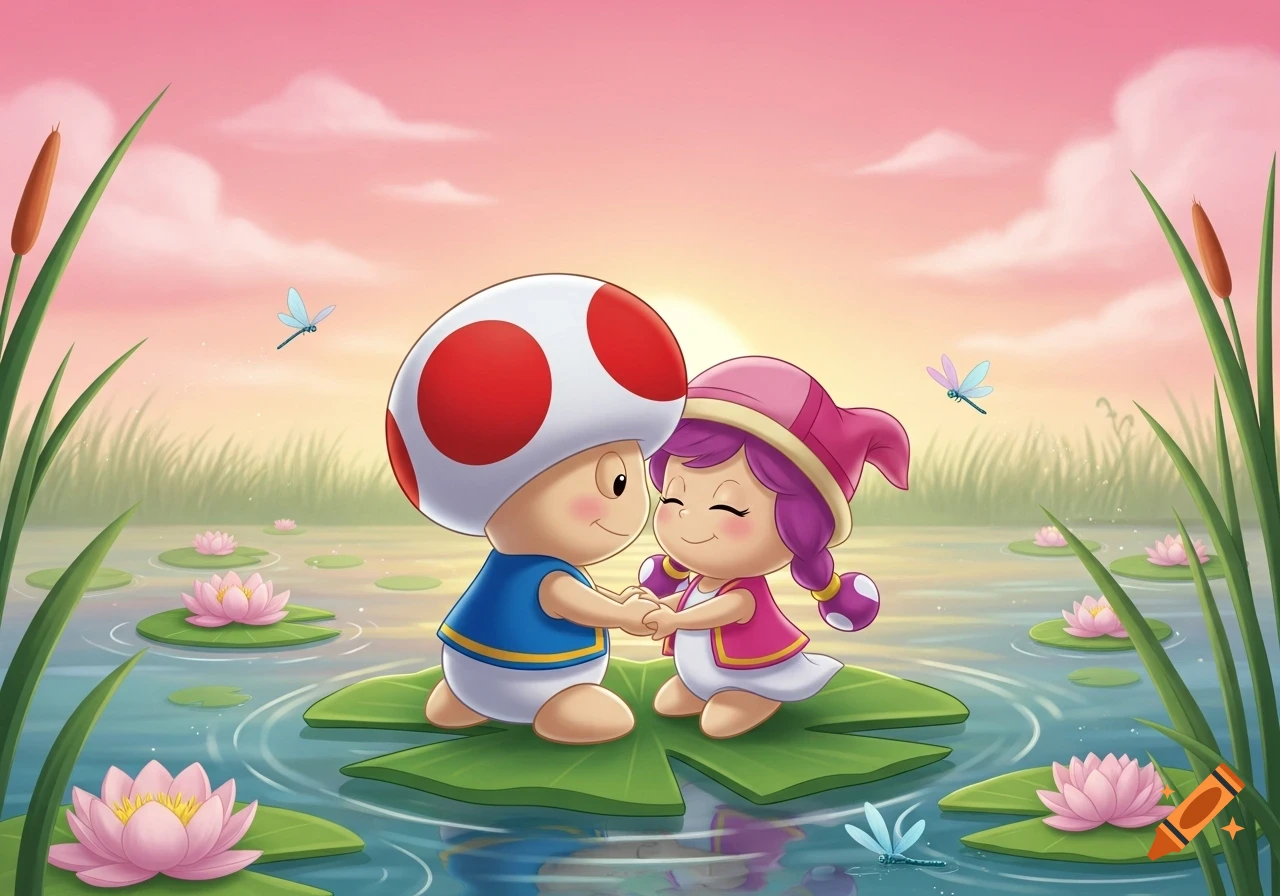 Cartoon Toad and Toadette holding hands on lily pads in a pond with water lilies and dragonflies at sunset.
