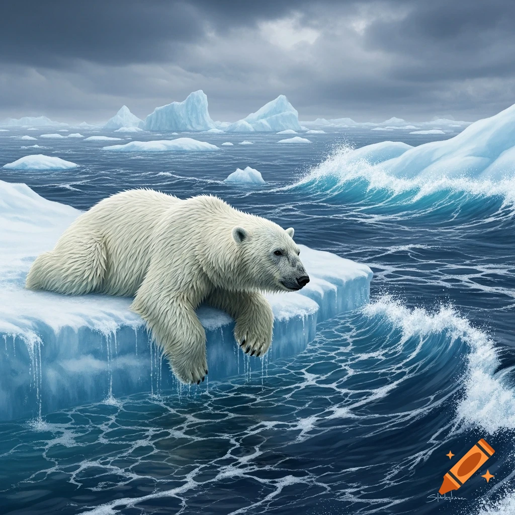 A realistic polar bear lies on a melting ice floe in a stormy arctic sea with large waves and icebergs.