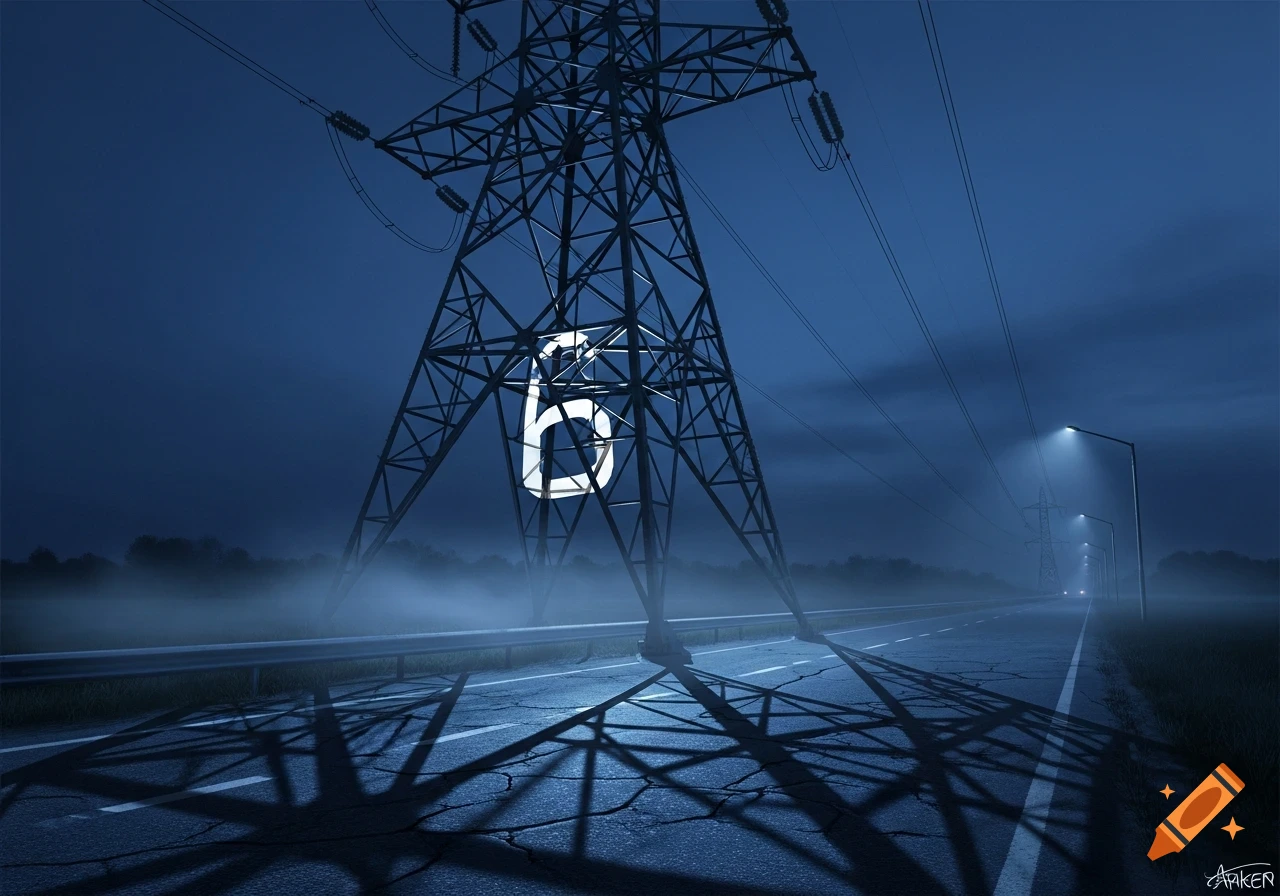 A dark, foggy night scene features a large power pylon with a glowing number 6, casting long shadows over a cracked road and distant streetlights.