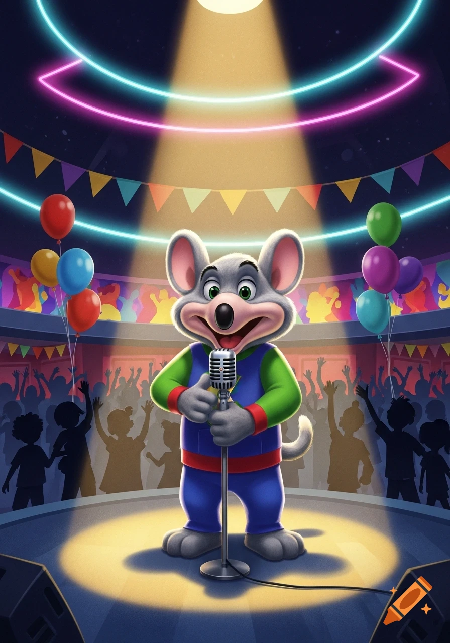 Cartoon Chuck E. Cheese on a stage, holding a microphone under a spotlight, with colorful balloons, neon lights, and a cheering crowd.