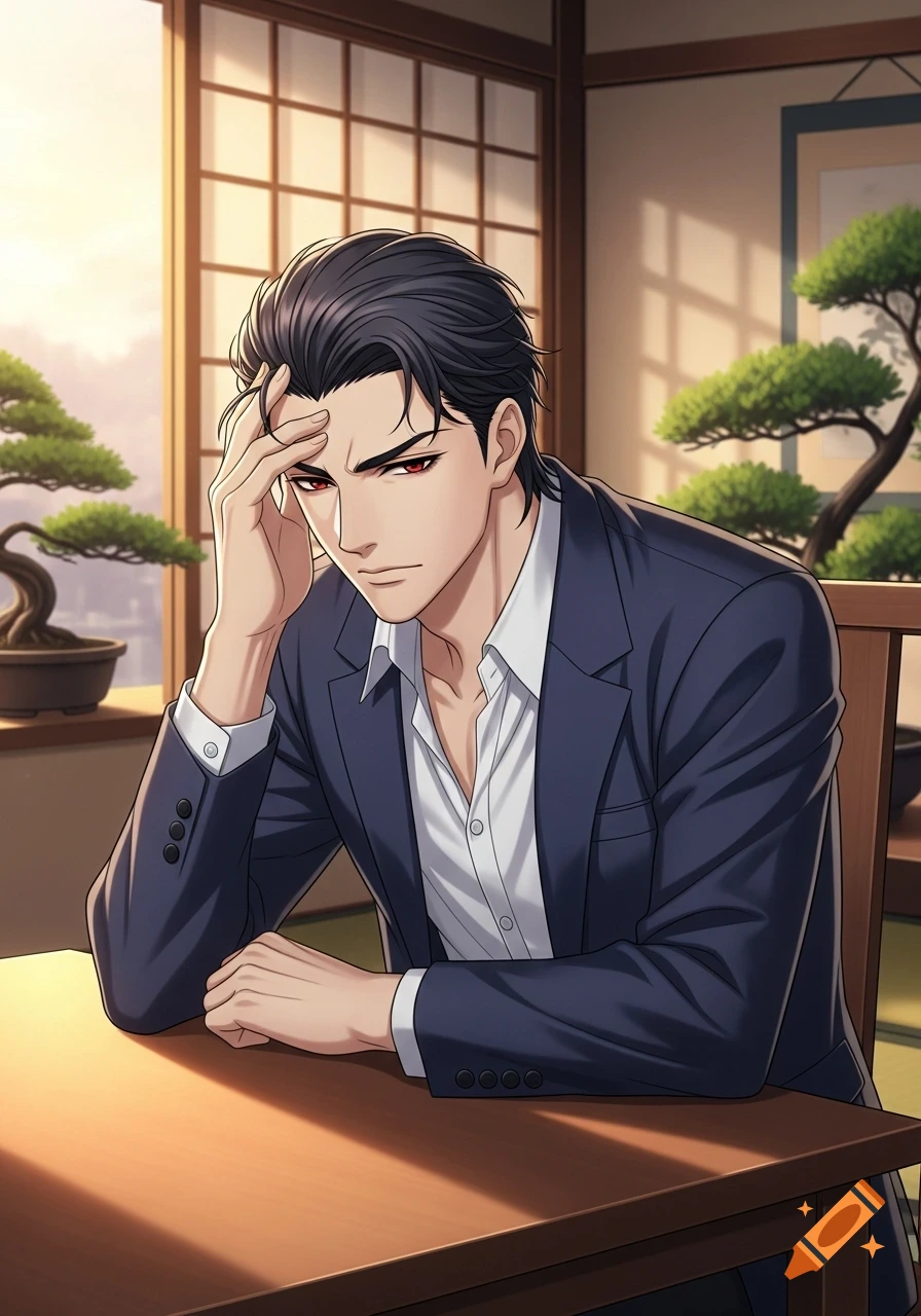 Anime-style man with black hair and red eyes sits at a table, hand to his forehead, in a room with shoji screens and bonsai.
