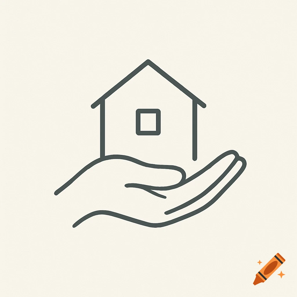 Line art icon of an open hand gently holding a simple house with a square window.