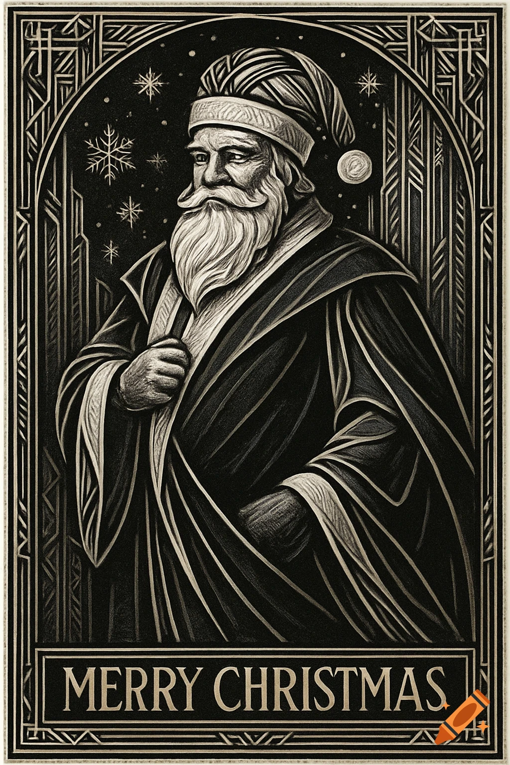 Black and white art deco illustration of Santa Claus in a long robe, with geometric framing and "MERRY CHRISTMAS" text.