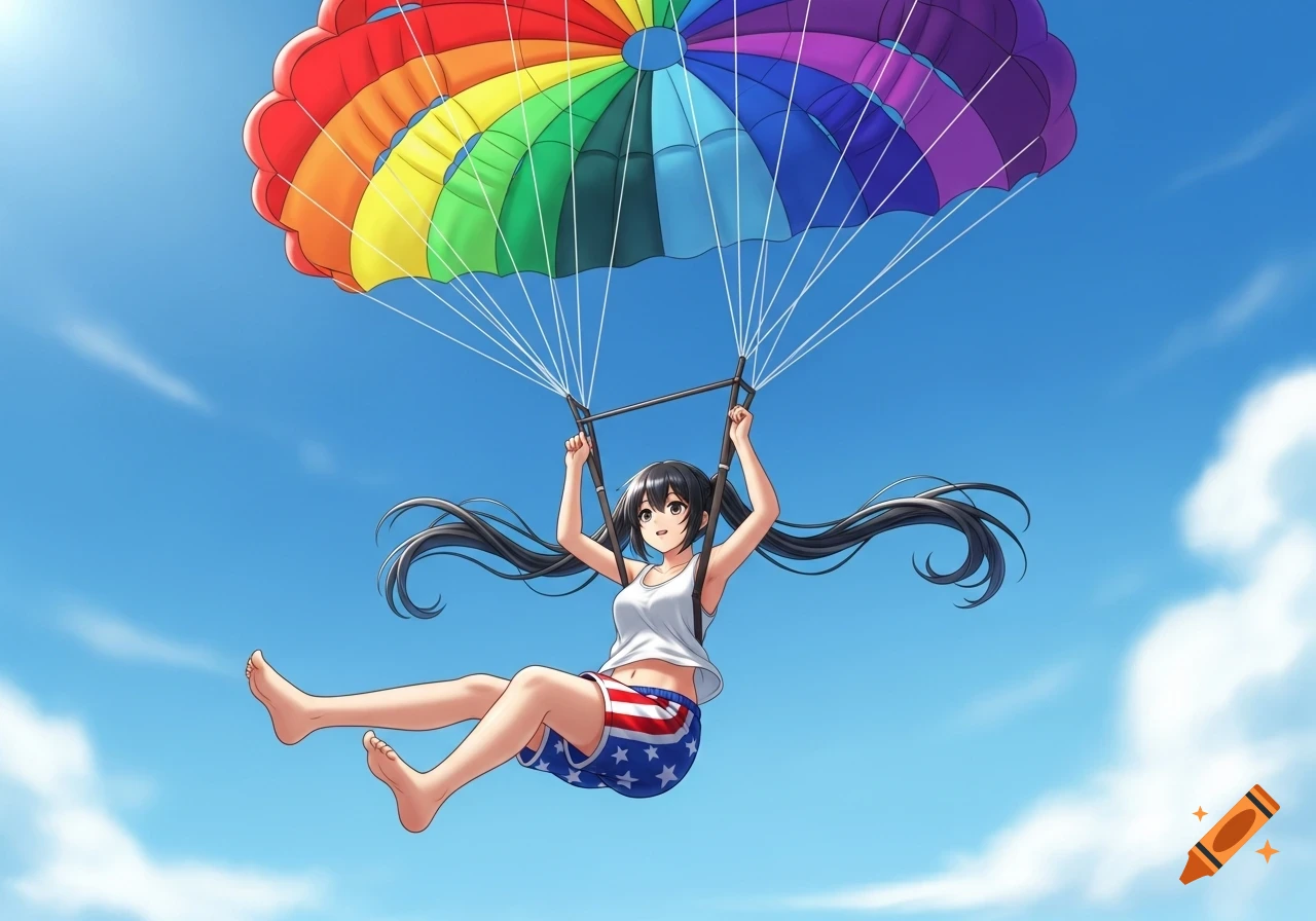 Anime girl with long black pigtails in a tank top and patriotic gym shorts barefoot holds onto the risers of a rainbow parachute as she descends.