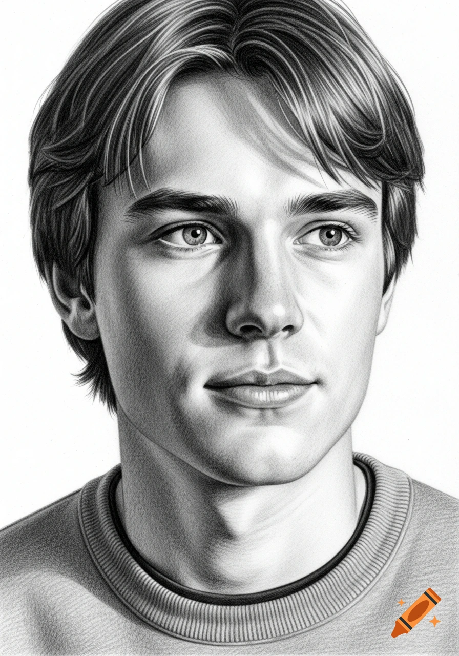 Realistic monochrome pencil sketch portrait of a young man with medium-length hair and a thoughtful, introspective expression.