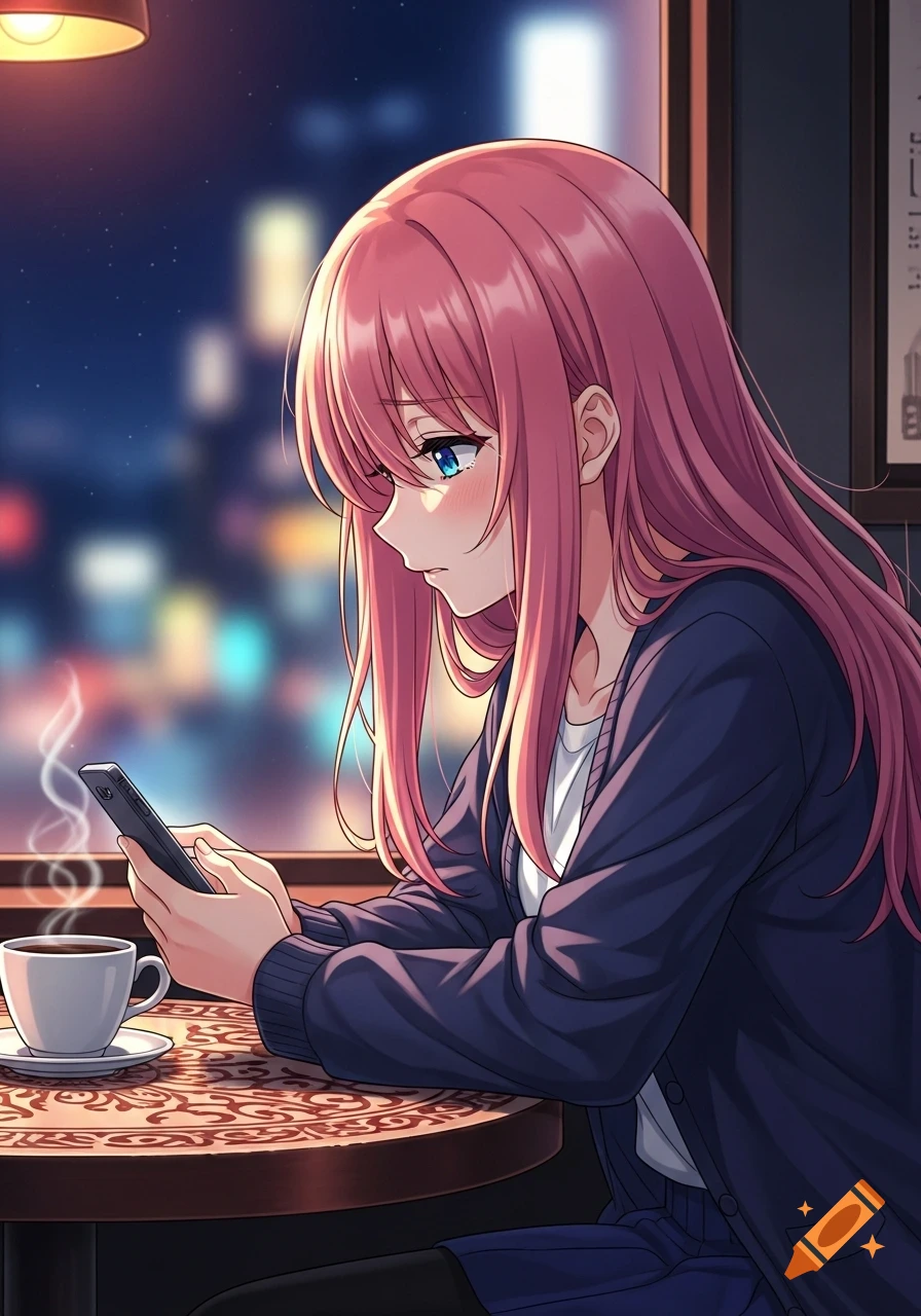 An anime girl with long pink hair and blue eyes sits at a cafe table, looking at her smartphone with a melancholic expression.