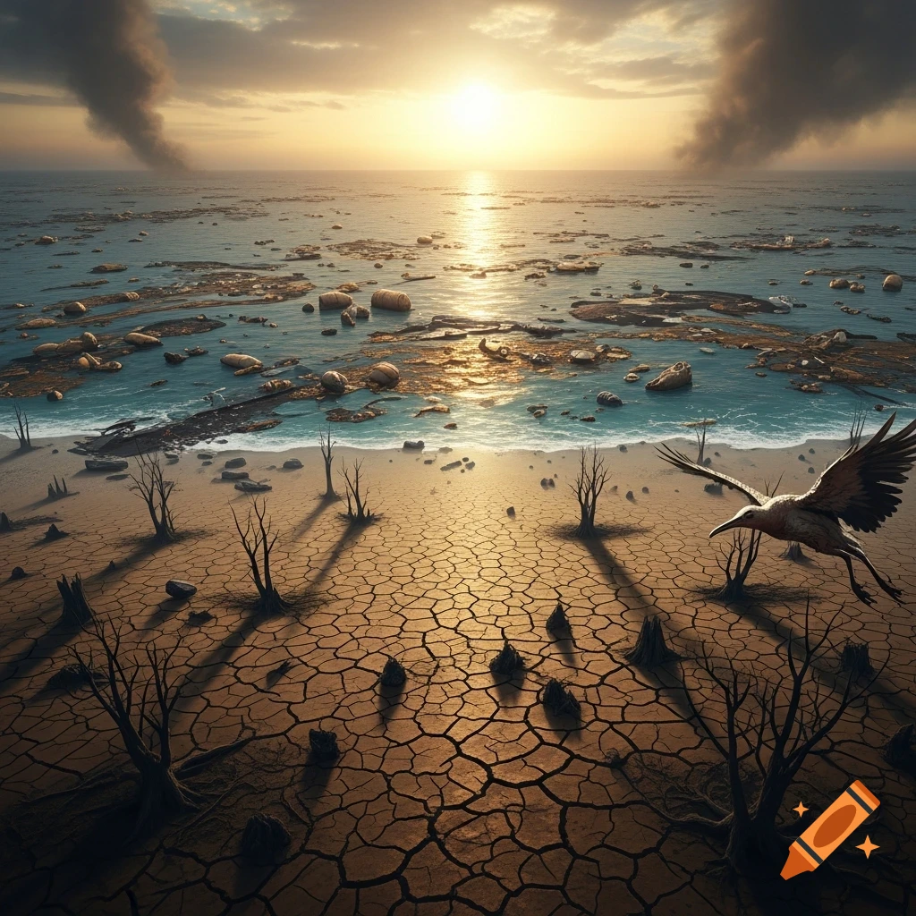 A dystopian landscape with cracked earth, bare trees, a polluted sea, and storm clouds under a setting sun, with a bird flying.