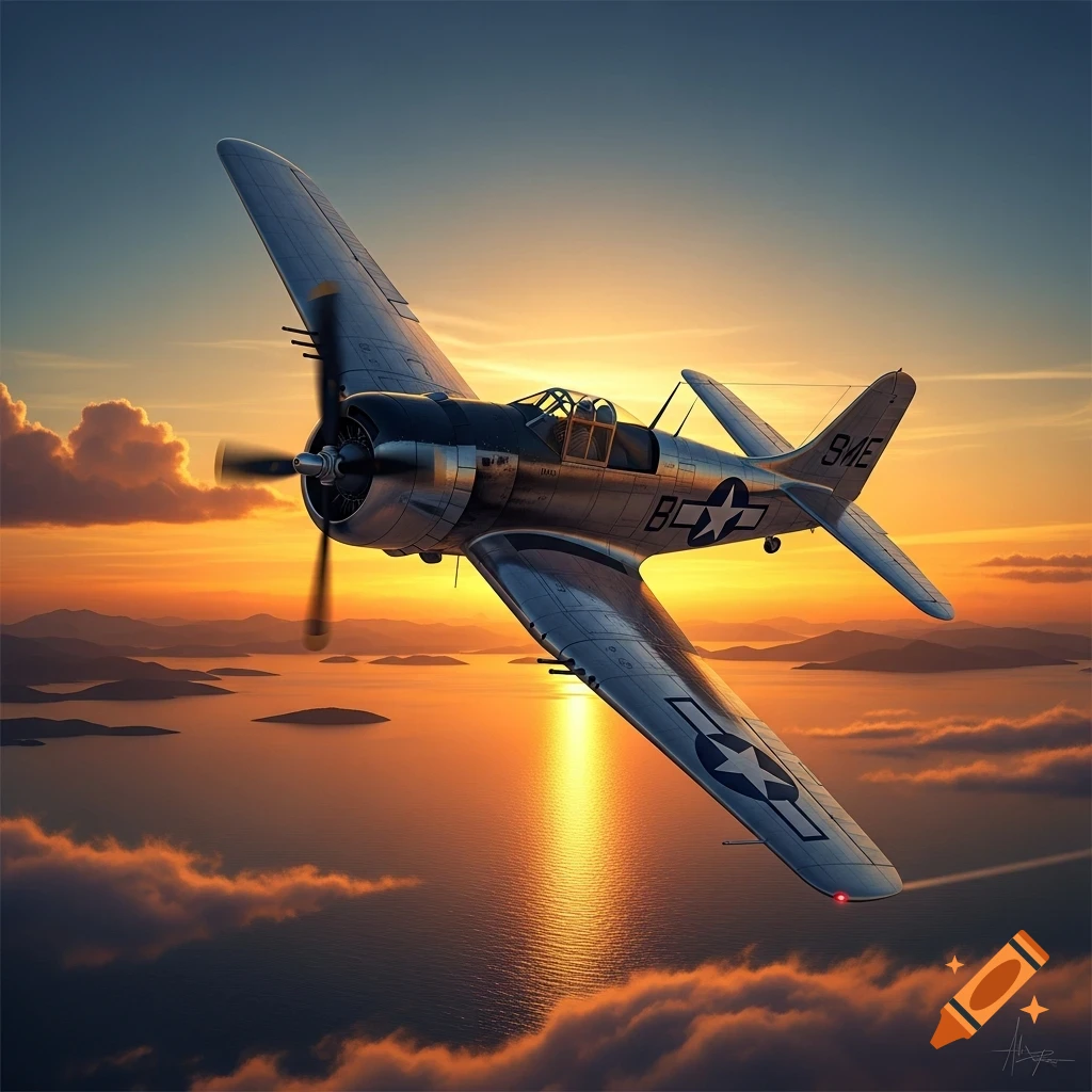A vintage propeller airplane with a spinning propeller flies over a vast ocean dotted with islands during a golden sunset.