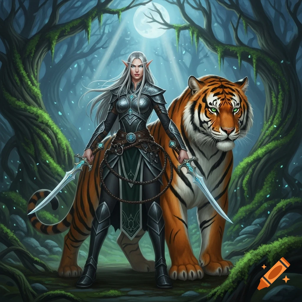 A white-haired female elf warrior in armor holds two daggers, standing ...