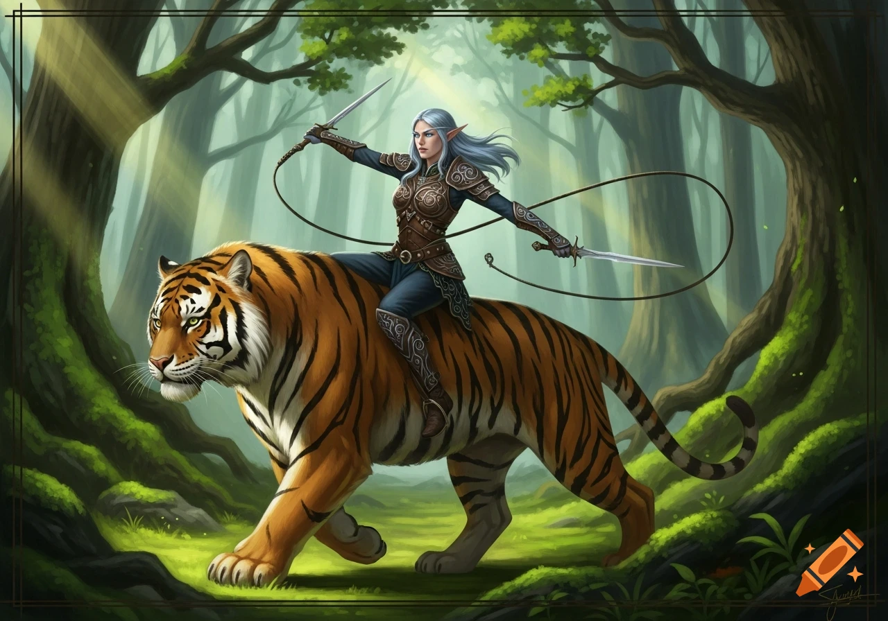 A female elf warrior with daggers and a whip rides a tiger in a sunlit fantasy forest.
