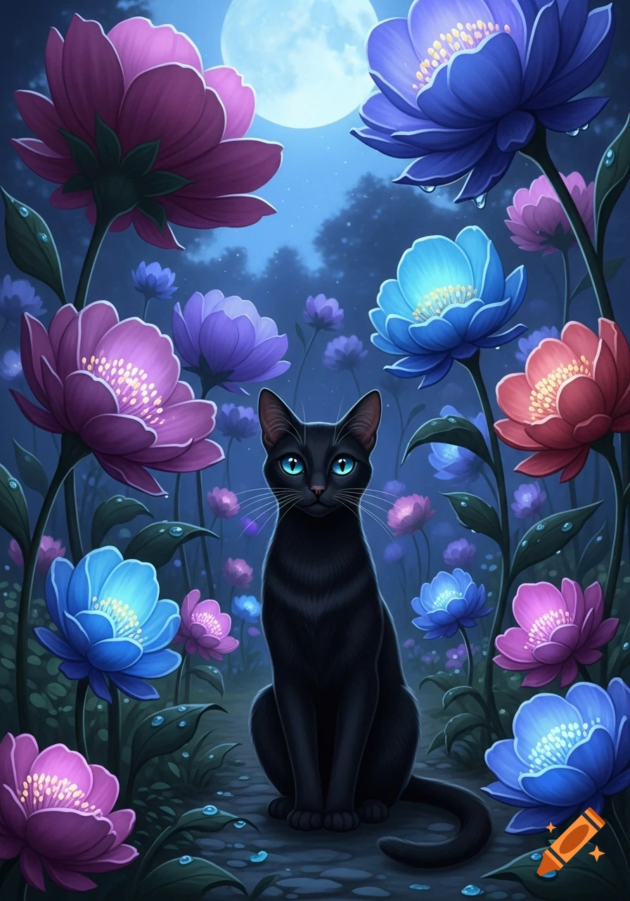A black cat with glowing blue eyes sits among giant, brightly colored ...