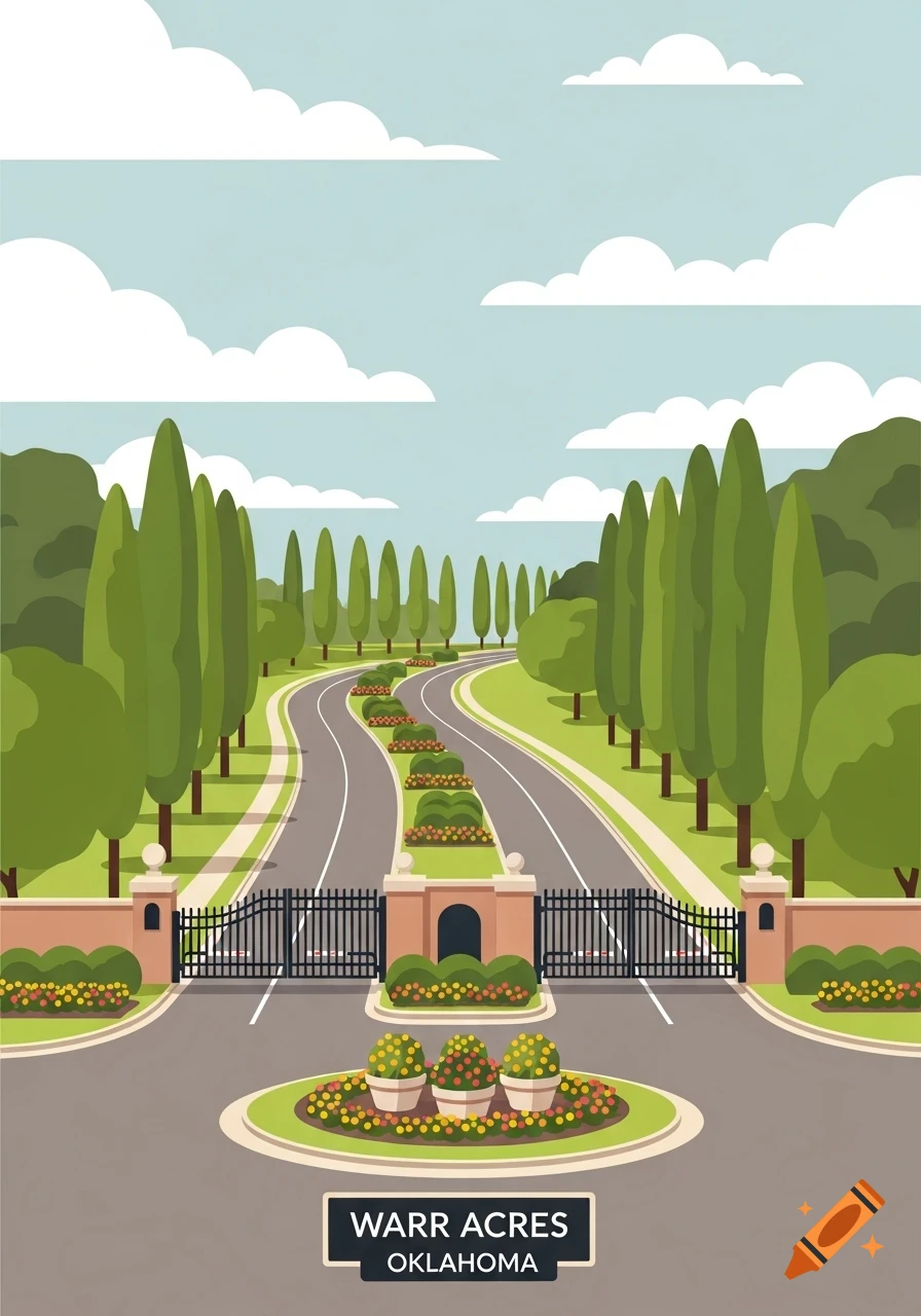 Flat vector art illustration of a landscaped gated entrance road for Warr Acres, Oklahoma, with trees, hedges, and a sign.