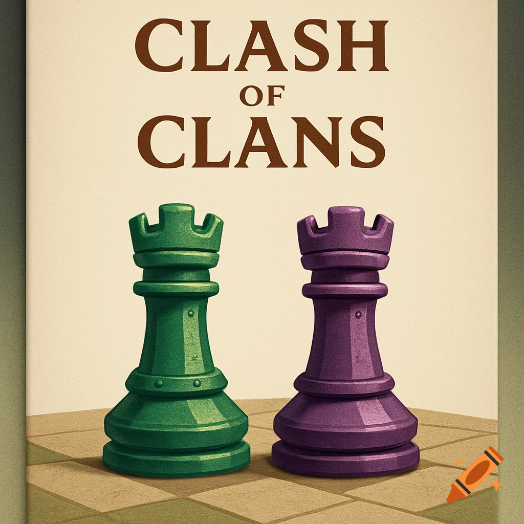 A board game cover titled "CLASH OF CLANS" with a green and a purple chess rook on a checkered board.