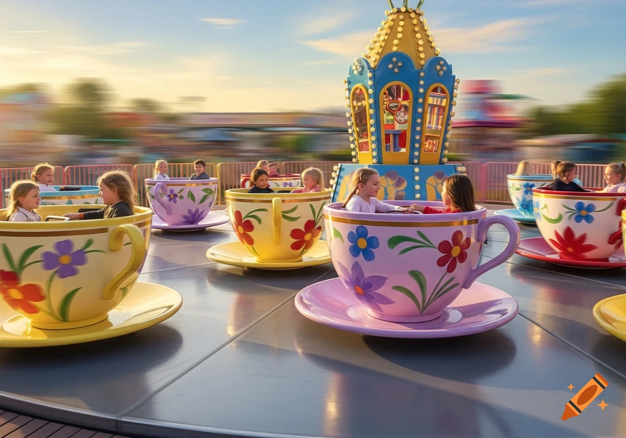 Children laugh and smile on colorful teacup rides spinning at an amusement park under a warm, clear sky.