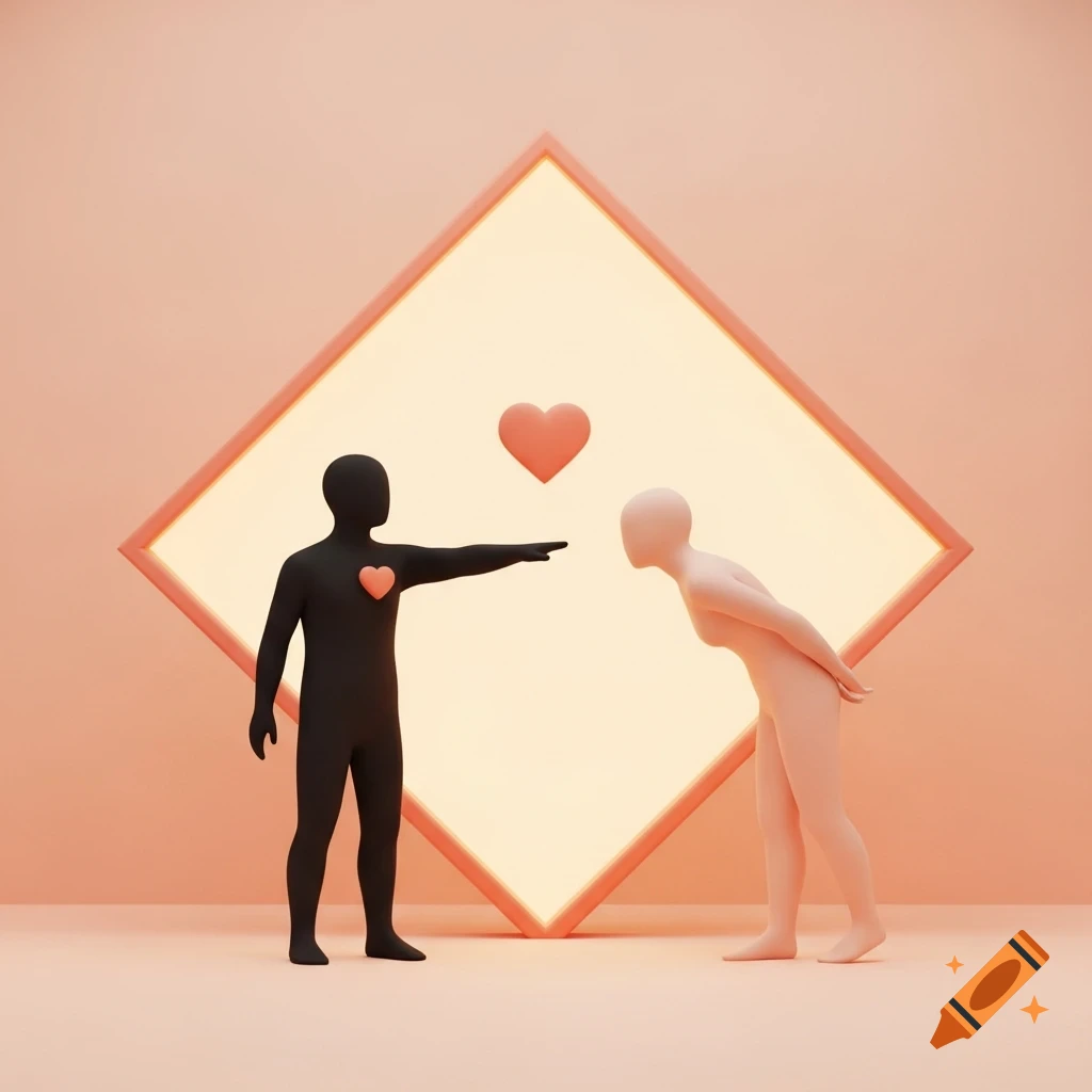 A black figure with a heart on its chest points to a bowing pink figure, set against a minimalist background with a glowing diamond.
