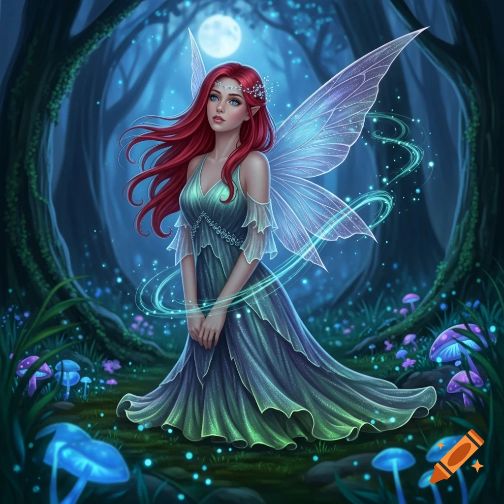 A red-haired fairy with delicate wings and a green dress kneels in an enchanted forest at night, surrounded by glowing mushrooms.